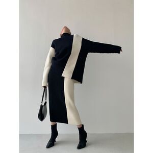 Commense Elegant Two-Tone Ribbed Knit Sweater, Skirt Set Black and White size L